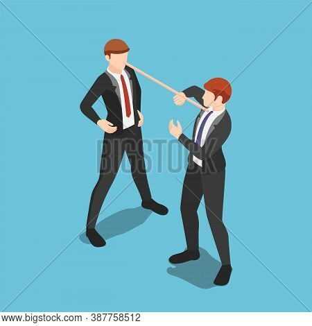 Flat 3d Isometric Liar Businessman With Long Nose Speaking Lies To Partner. Dishonest Behavior And B