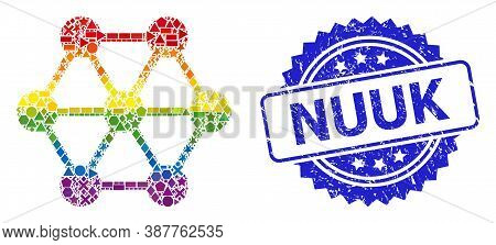 Bright Vibrant Vector Node Connections Collage For Lgbt, And Nuuk Scratched Rosette Seal. Blue Stamp