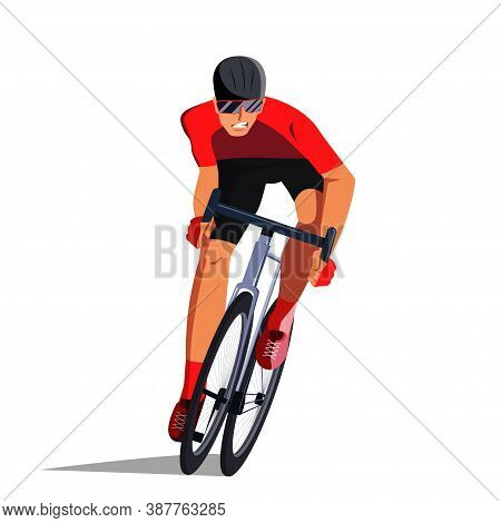 The Cyclist At The Finish Line Is Fighting For The Victory. Final Sprint Front View. The Athlete On 