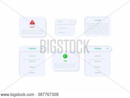 Info Panels Ui Elements Kit. Search Field. Dropdown Menu Isolated Vector Icon, Bar And Dashboard Tem