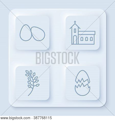 Set Line Easter Eggs, Church Building, Willow Leaf And Broken Egg. White Square Button. Vector