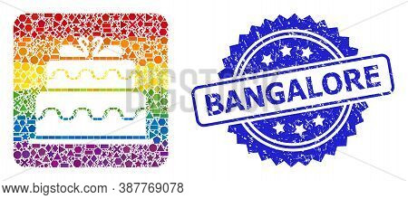 Rainbow Vibrant Vector Marriage Cake Collage For Lgbt, And Bangalore Corroded Rosette Stamp. Blue St