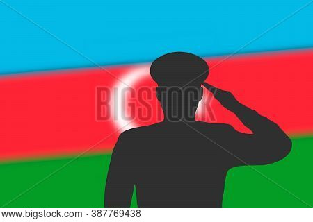 Solder Silhouette On Blur Background With Azerbaijan Flag.