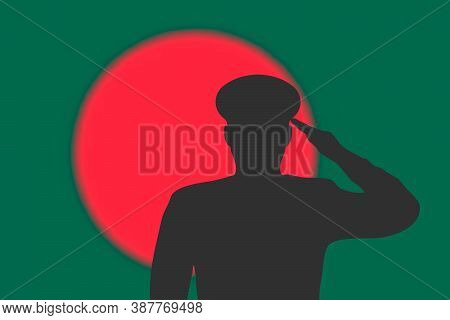 Solder Silhouette On Blur Background With Bangladesh Flag.