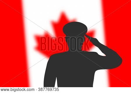 Solder Silhouette On Blur Background With Canada Flag.