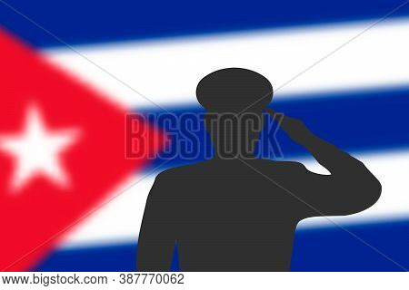 Solder Silhouette On Blur Background With Cuba Flag.