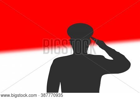 Solder Silhouette On Blur Background With Indonesia Flag.