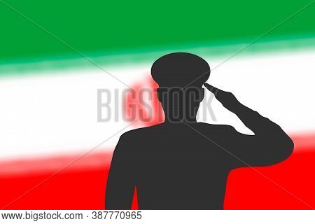 Solder Silhouette On Blur Background With Iran Flag.