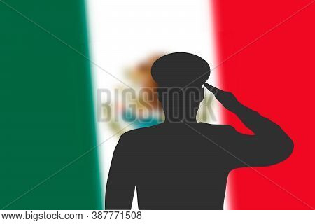 Solder Silhouette On Blur Background With Mexico Flag.