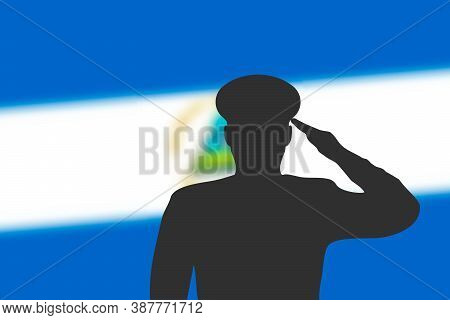 Solder Silhouette On Blur Background With Nicaragua Flag.