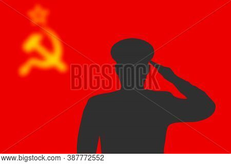 Solder Silhouette On Blur Background With Soviet Union Flag.