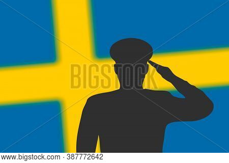Solder Silhouette On Blur Background With Sweden Flag.