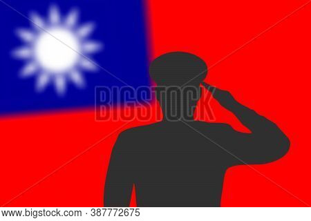 Solder Silhouette On Blur Background With Taiwan Flag.