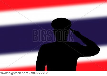 Solder Silhouette On Blur Background With Thailand Flag.