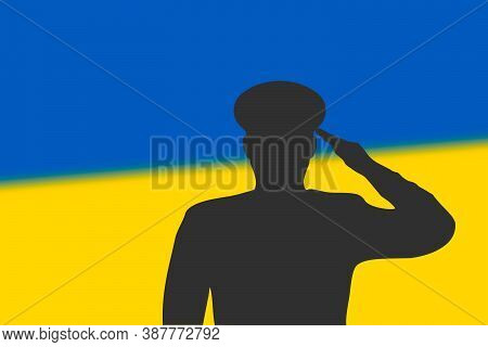 Solder Silhouette On Blur Background With Ukraine Flag.