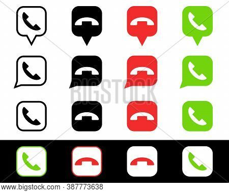 Phone Icon. Chat Bubble Icon. Vector Isolated Elements. Black, Green, Red Button In The Smart Phone.