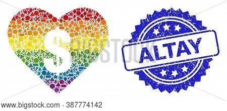 Rainbow Colored Vector Love Price Collage For Lgbt, And Altay Textured Rosette Stamp Seal. Blue Stam