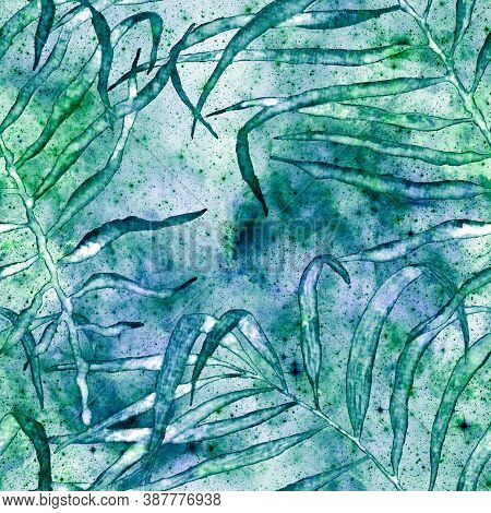 Tropical Seamless Pattern.  Fashion Hand Drawn Texture. Turquoise Cosmic Background. Tropical Seamle