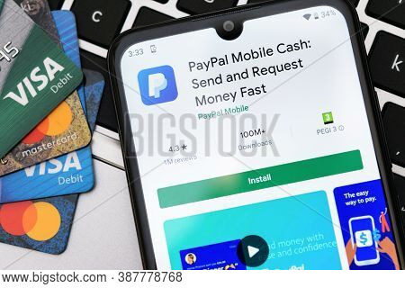 Krakow, Poland - September 30, 2020:  Paypal Application  In Google Play Store Next To Visa And Mast