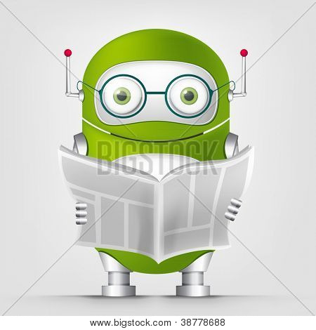 Karikatúra karakter Aranyos Robot elszigetelt szürke gradiens háttér. Hírek. Vektor EPS 10.