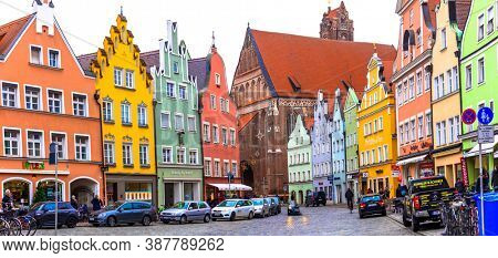 landmarks of Germany- Landshut town in Bavaria.  traditional architecture with colorful houses in historic center. November 2018