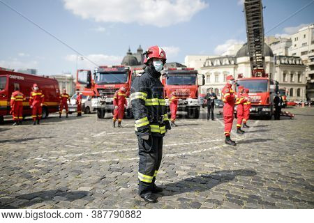 Bucharest, Romania - September 14, 2020: Romanian Firefighters Take Part At An Outdoors Event.