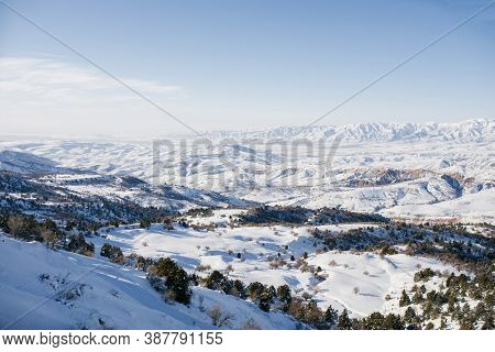 Location Of The Tian Shan Mountains, Uzbekistan, Central Asia. Incredible Beauty Of The Winter Lands