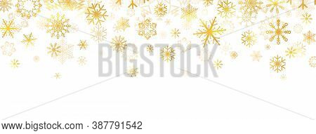 Golden Snowflakes Falling On White Background. Gold Snowflakes Border With Different Ornament. Luxur