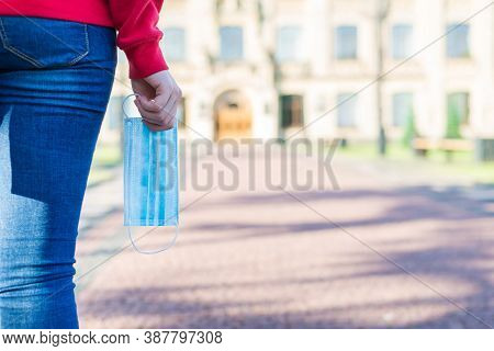 Coming Back To High School Concept. Cropped Closeup Back Rear Behind View Photo Of Young Student Hol