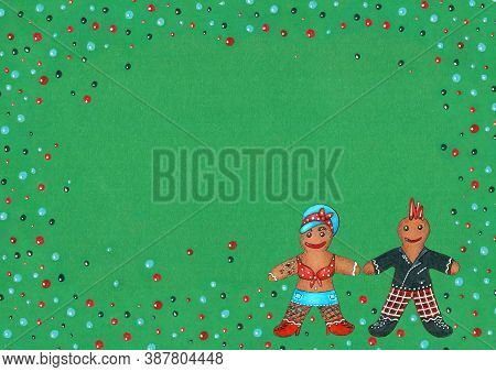 Hand Drawn Gingerbread Man And Girl In Punk Rock Rockabilly Psychobilly Style. Christmas New Year Ca