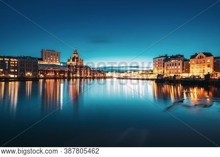 Helsinki, Finland. View Of Kanavaranta Street With Uspenski Cathedral And Pohjoisranta Street In Eve