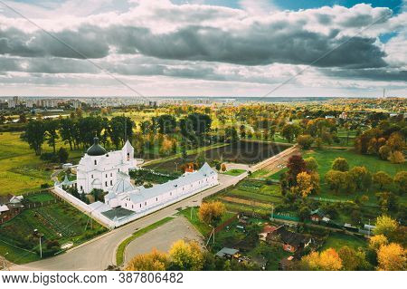 Mahiliou, Belarus. Mogilev Cityscape With Famous Landmark St. Nicholas Monastery. Aerial View Of Sky