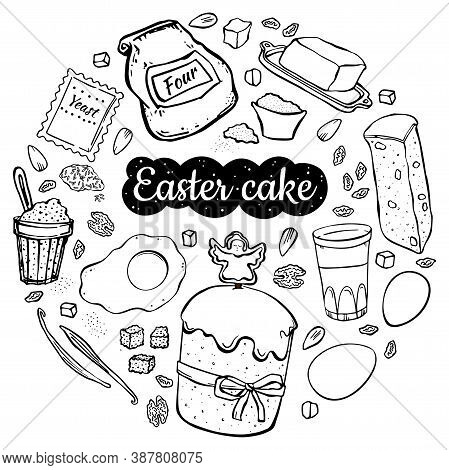 Illustration Recipe And Igredients For Easter Cake. Black Outline Objects Isolated On White Backgrou