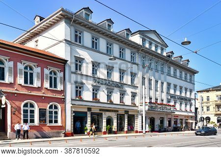 Heidelberg, Germany - September 2020: Old Building Of Hotel Called 'hotel Bayrischer Hof' At Town Sq