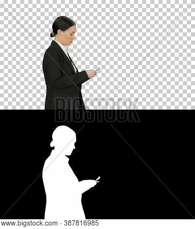 Young Woman In A Suit Counting Money, Alpha Channel With Silhoue