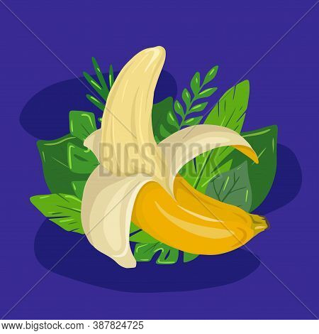 Cartoon Open Banana With Tropical Leaves And Blue Background. Delicious Juicy Treat. Vector Flat Ill