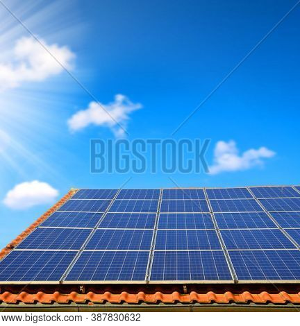 Solar Panel(solar Cell) With The Cloud On Sky, Solar Energy Panel Photovoltaic Cell, Hot Climate Cau