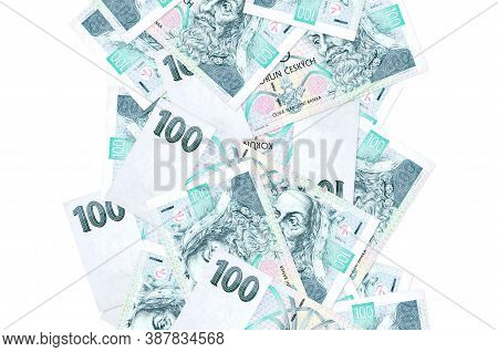 100 Czech Korun Bills Flying Down Isolated On White. Many Banknotes Falling With White Copyspace On 