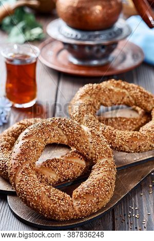 Freshly Baked Simit Baked Goods With Sesame Seeds Close-up (turkish Bagel - Gevrek Or Kuluri). Tradi