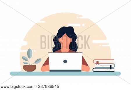 Vector Home Work Concept On Isolated White Background. A Girl In Headphones Sits At A Table And Work