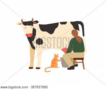 Woman Farmer Sitting On Chair And Milking Cow. Milkmaid Working On Dairy Farm. Organic Rural Milk Pr