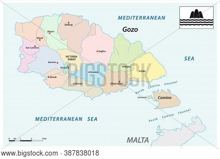 Vector Administrative Map Of The Two Maltese Islands Gozo And Comino With Flag, Malta
