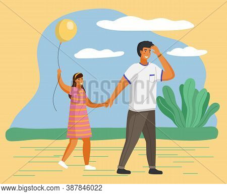 Family Walking Together Outdoors, Young Father With Little Daughter Holding Balloon Walk At Summer A