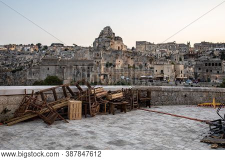 Matera, Italy - September 17, 2019: Bond 25, Scenography Elements Used For Explosion And Fire Scenes
