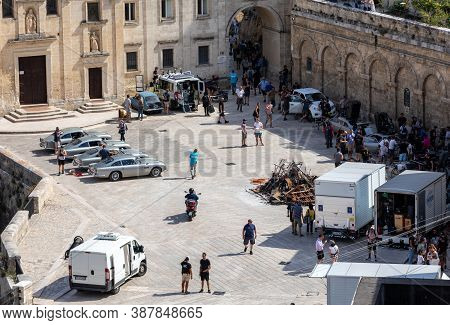Matera, Italy - September 15, 2019: Bond 25, Aston Martin Db5 Cars Prepared To Shoot Chase Scenes Fr