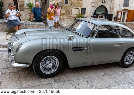 Matera, Italy - September 17, 2019: The Aston Martin Db5 Used On The Set Of The Latest James Bond Mo