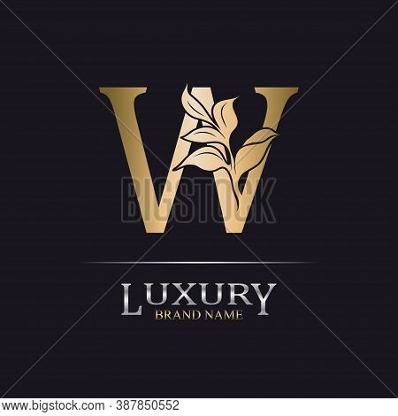 Golden Initial Letter W. Elegant Design Letter W With Floral Branch. Luxury Gold Logo Icon. Vintage 