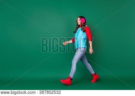 Full Length Photo Of Pretty Charming Young Lady Walk City Park Way Home Cold Weather Snowing Wear Pi