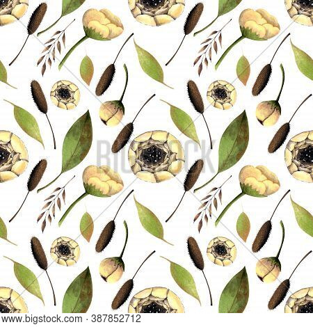 Seamless Pattern With White Flowers, Herbs, Leaves On White Background. Hadn Drawn Illustration.