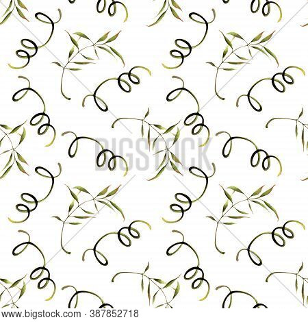 Seamless Pattern With Leaves On White Background. Hadn Drawn Illustration.